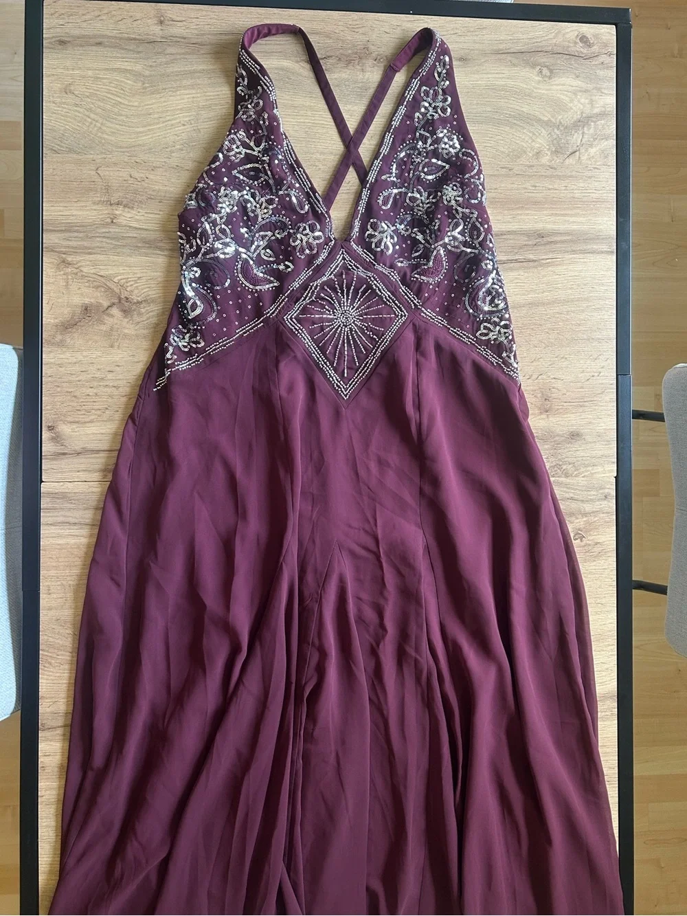 Abercrombie & Fitch Embroidered V-Neck Maxi Dress in Burgundy